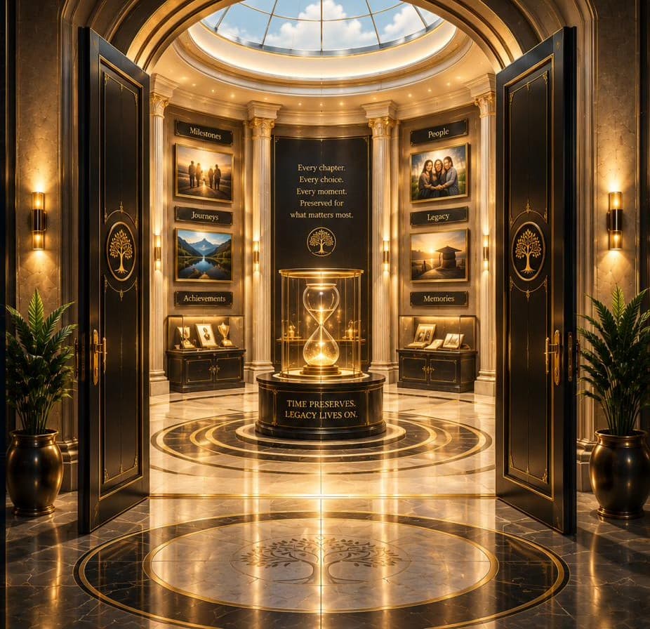A private museum-like vault interior, symbolizing Life365Hub's sanctuary for preserved memories
